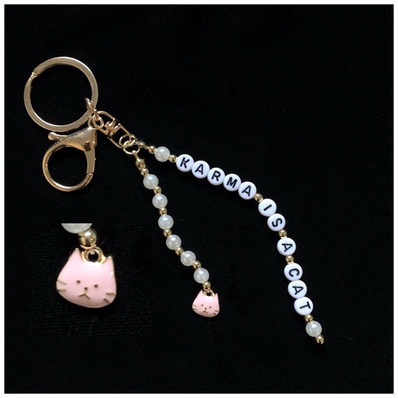 Karma Is A Cat Keychain Pearls and Pink Crystals on A Gold Tone Keyring Pink Cat - Picture 1 of 8
